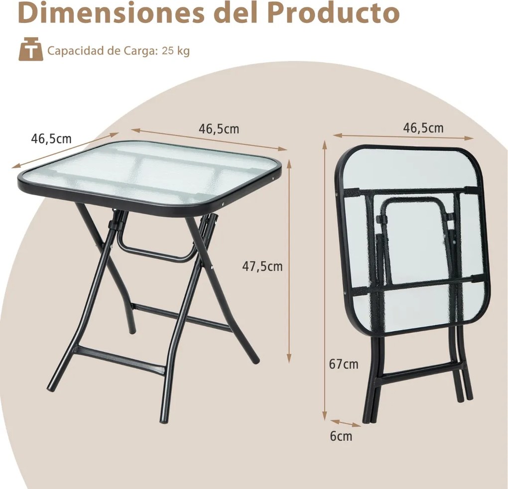 Mesa para jardim quadrada de 46,5 cm com estrutura resistente à ferrugem e tampo de vidro temperado para piscina e varanda jardim Preto