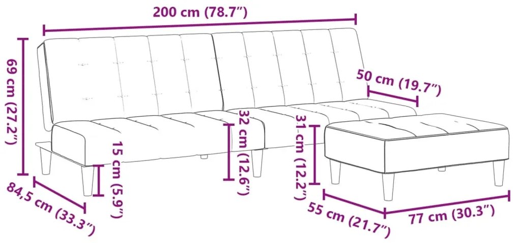 Sofá-cama 2 lugares c/ apoio de pés veludo preto