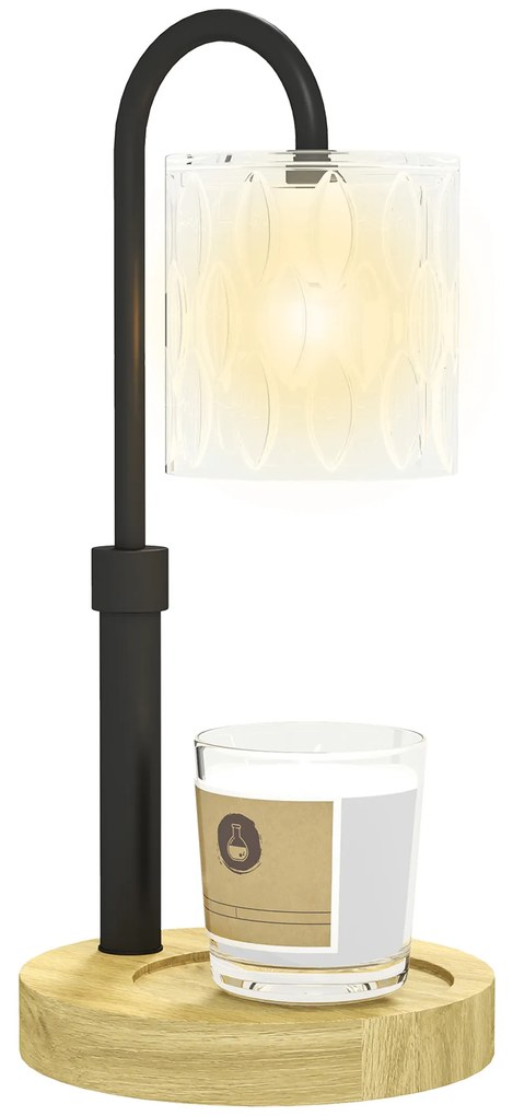 HOMCOM Candeeiro de Mesa Candeeiro Aquecedor de Vela com Base de Madeira Ecrã de Vidro Ø15x32,5 cm Multicor