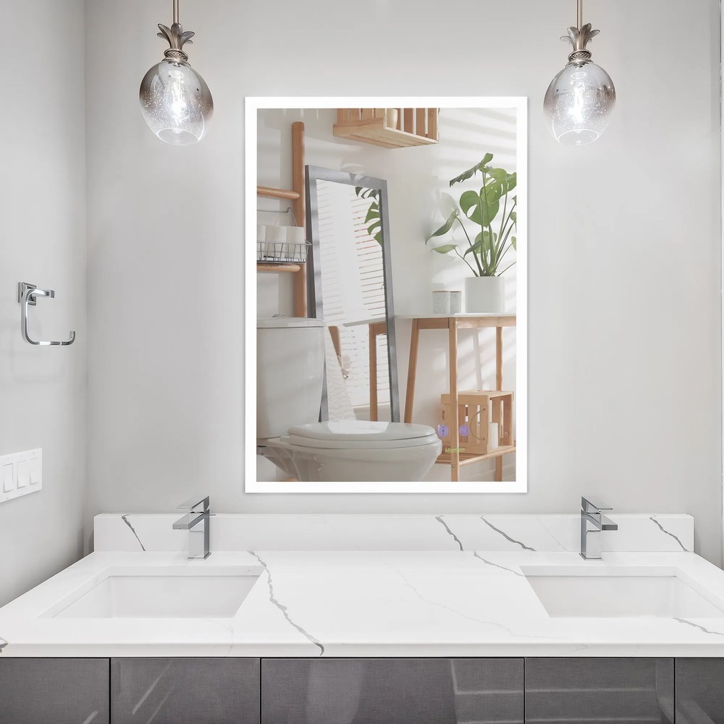 Espelho Casa de Banho com Luz LED Espelho de Parede com Iluminação 70x50cm Interruptor Tátil 3 Luzes Ajustáveis Função Anti-Embaciamento e Estrutura d