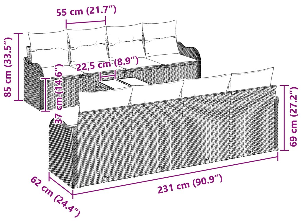Conjunto de Sofá de Jardim vidaXL 9 Peças com Almofadas Preto Rattan P