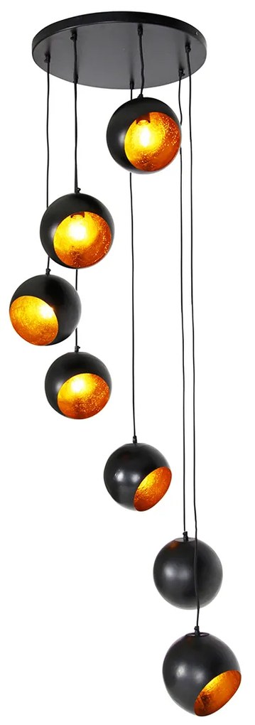 Candeeiro suspenso preto com interior dourado 7 luzes - Crooked Cluster Moderno