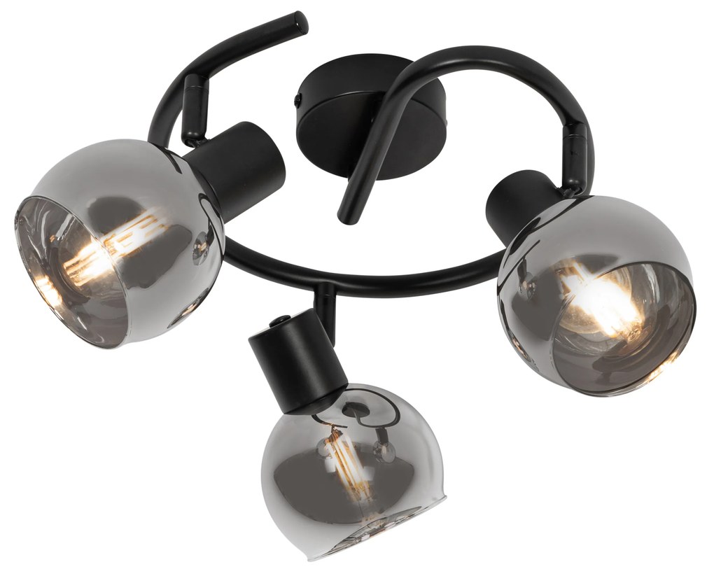 Candeeiro de teto Art Deco preto com vidro fumê 3 luzes redondo - Vidro