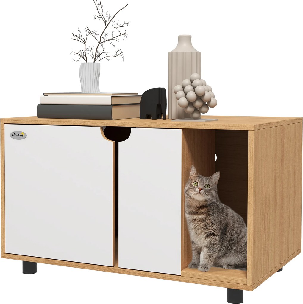 Móvel para areia de casa de banho para gatos com pés, 2 em 1 (CAIXA AREIA NÃO INCLUIDA), portas em estilo escandinavo, 80 x 48 x 48 cm, natural e bran