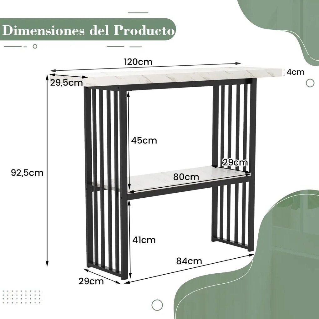 Mesa de 2 níveis com prateleira aberta, estrutura em aço dourado para sala de estar ou corredor, 120 x 29,5 x 92,5 cm, preto e branco