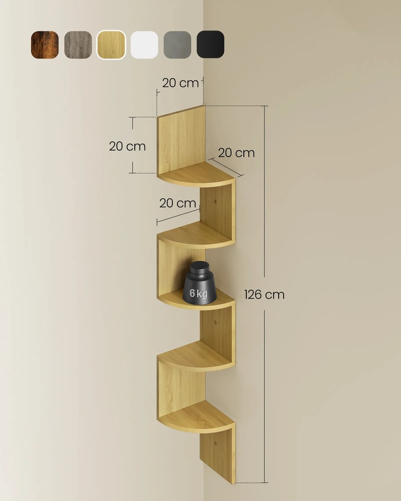 Prateleira de parede com 5 níveis para livros 20 x 20 x 126 cm em cor de carvalho natural