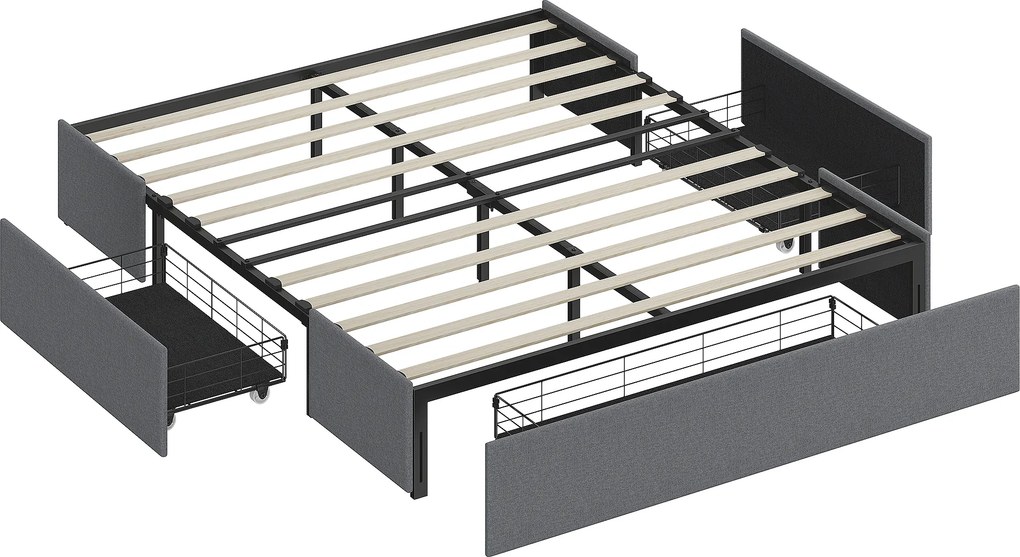 HOMCOM Cama King Size 165 cm Revestida em Tecido Ripas 3 Gavetas Silenciosa Cinza | Aosom Portugal