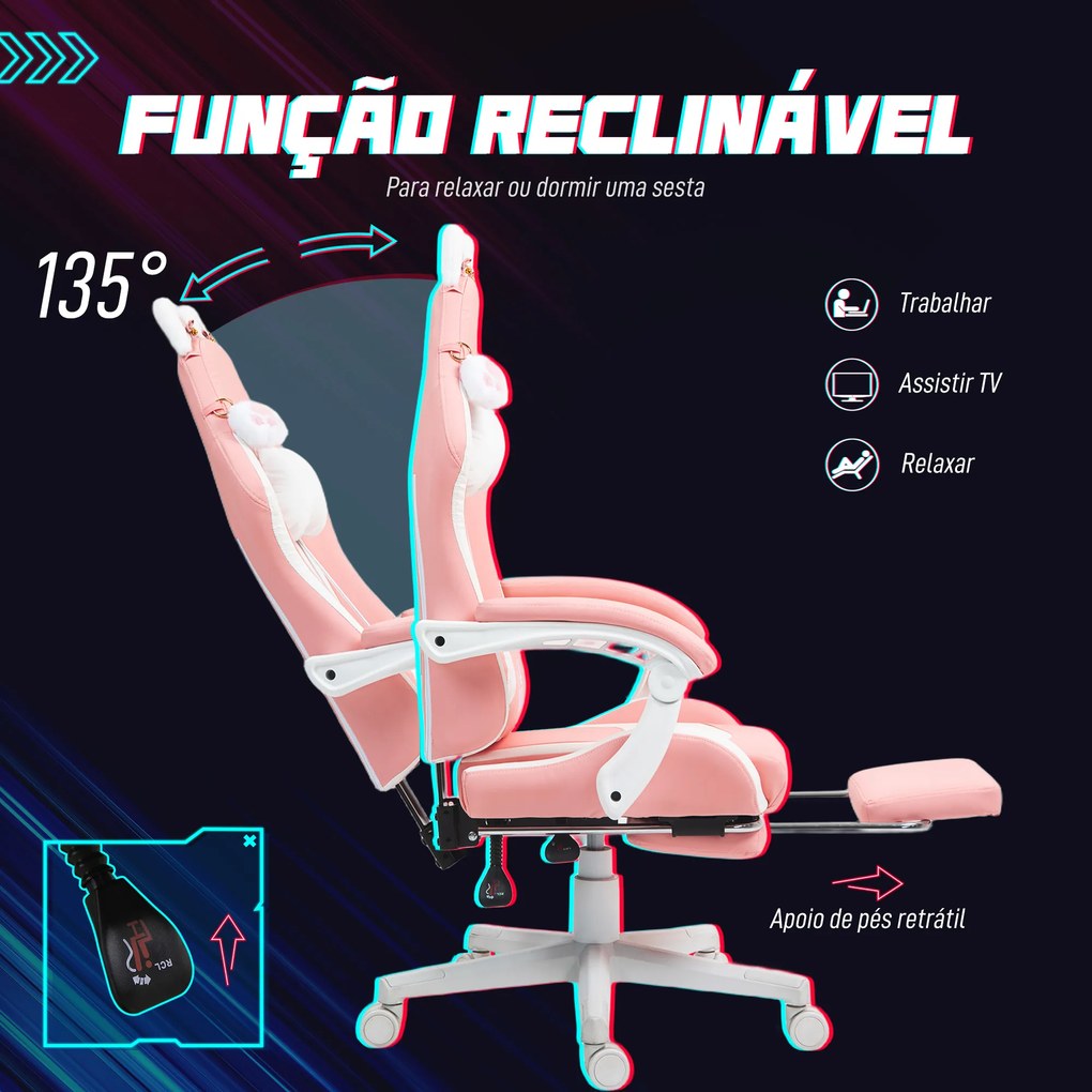 Cadeira Gaming com Orelhas Cadeira Gamer Reclinável com Altura Ajustável e Suporte Lombar 65x62x116-124 cm Rosa e Branco
