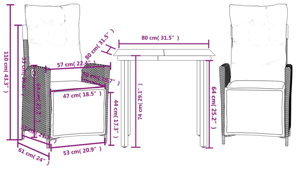 3 pcs conjunto de jantar p/ jardim c/ almofadões cinzento claro