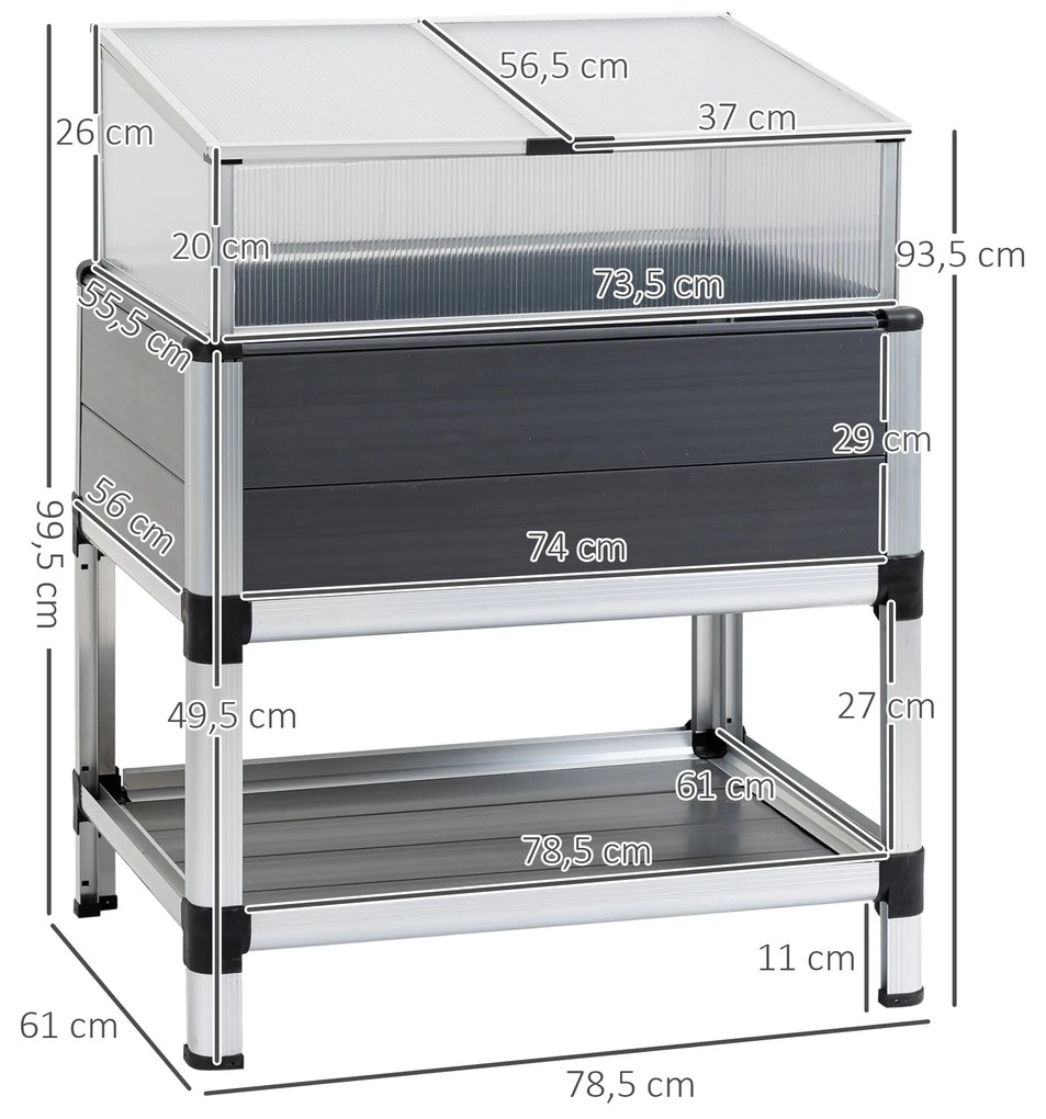 Horta Elevada de Alumínio 78,5x61x99,5 Estufa com Cobertura de Policarbonato Teto Retrátil e Prateleira Inferior para Cultivos de Plantas e Flores Cin