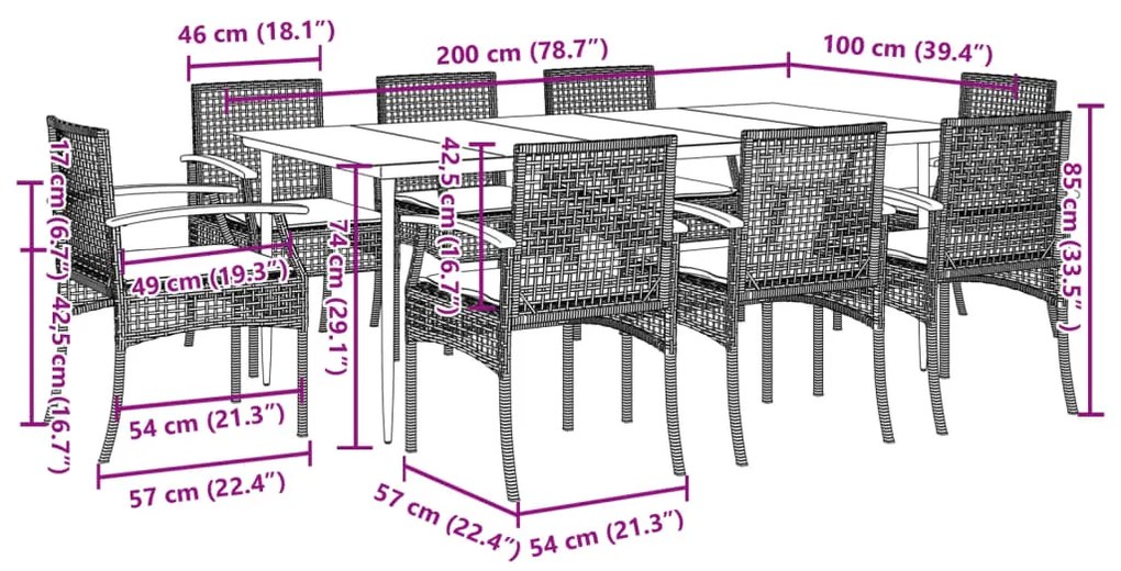 9 pcs conjunto de jantar p/ jardim com almofadões vime PE bege