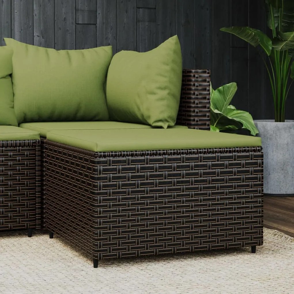 319836 vidaXL Apoio de pés para jardim com almofadão vime PE castanho