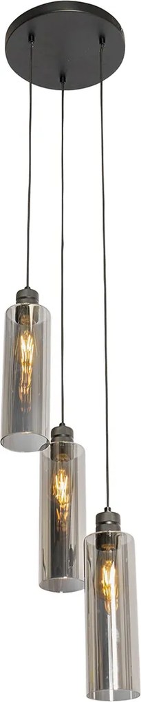 Candeeiro de suspensão moderno preto com vidro fumado 3 luzes - Stavelot