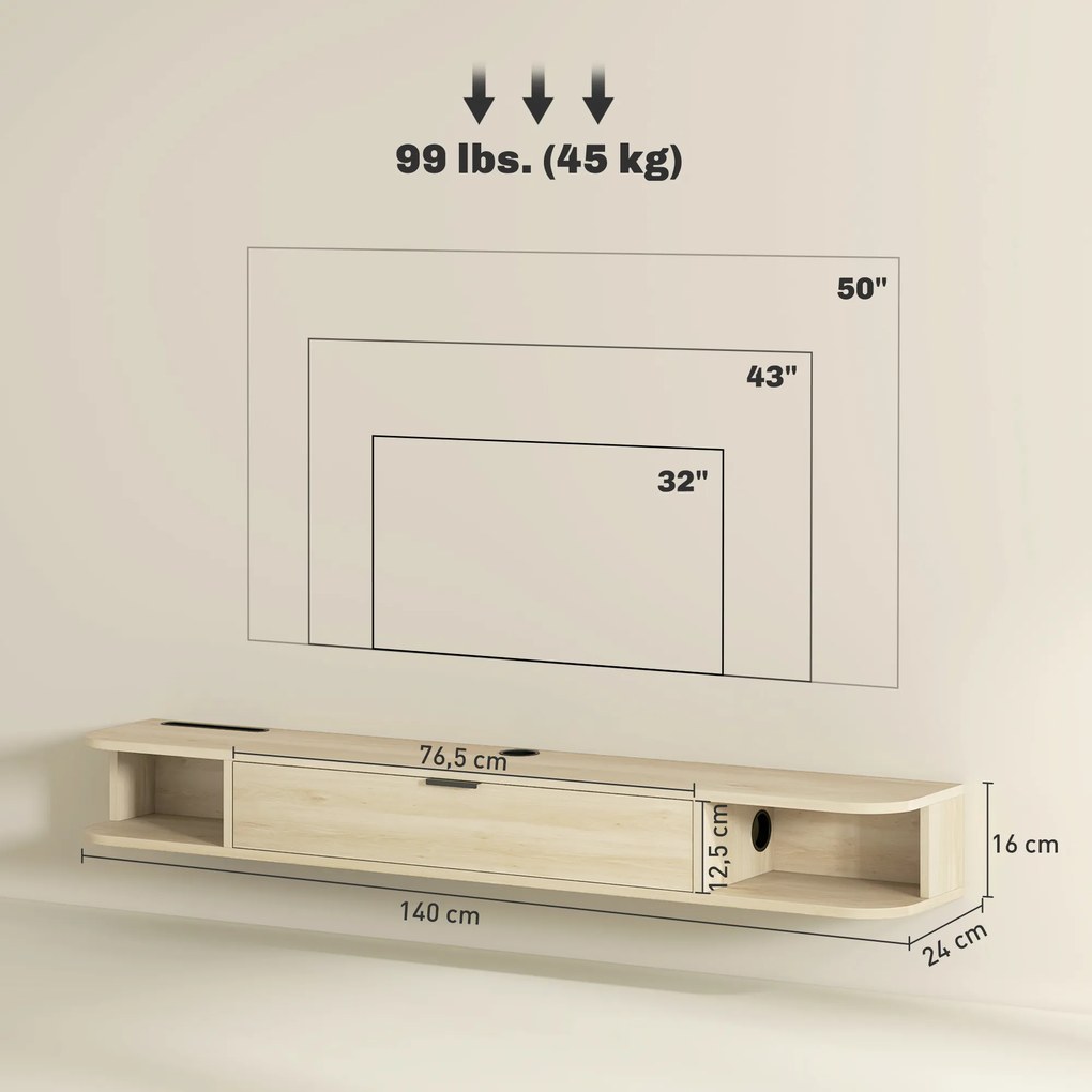 Móvel de TV Suspenso com  Orifício para Cabos Estilo Moderno para Televisão 60 Polegadas 140x24x16 cm Madeira
