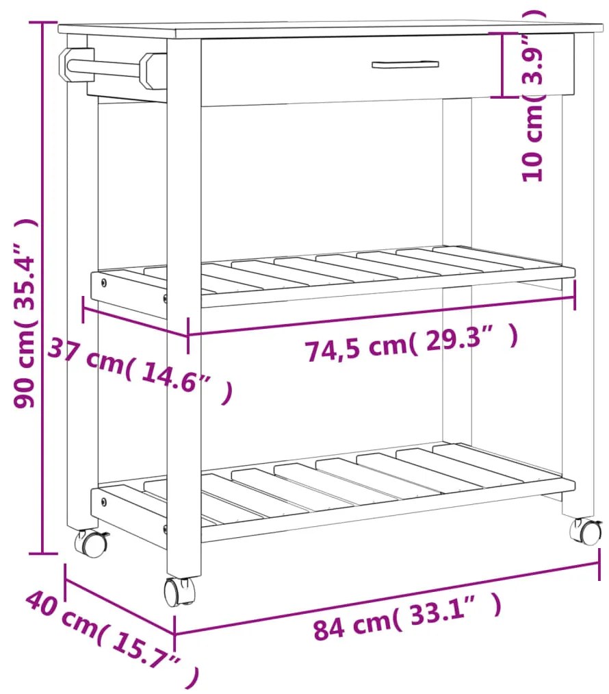 Carrinho de cozinha MONZA 84x40x90 cm madeira de pinho maciça