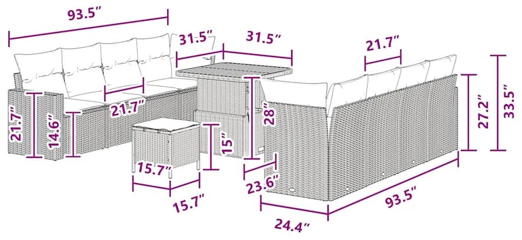 Conjunto de Sofás de Jardim de 11 Peças com Almofadas, em Rattan de Po