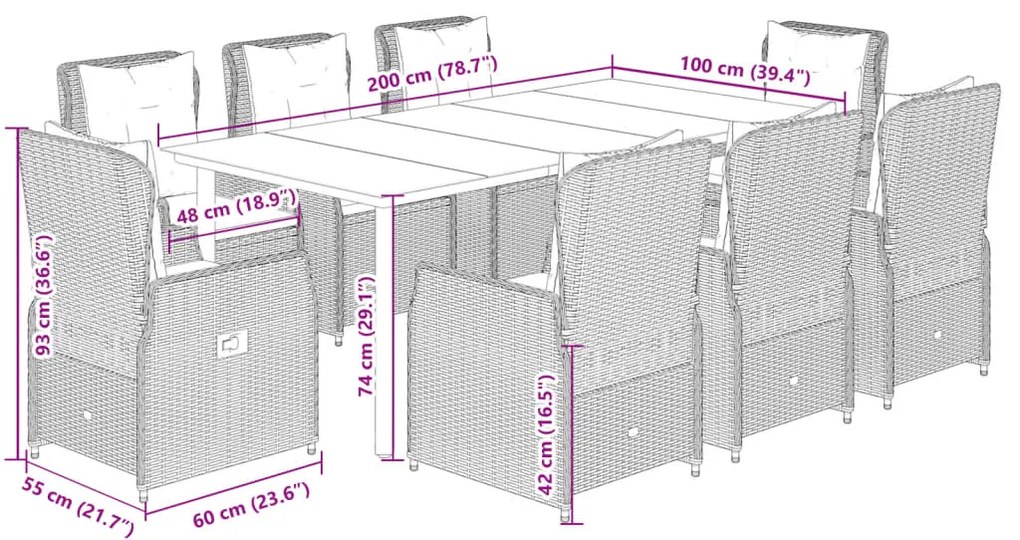 9 pcs conjunto de jantar p/ jardim c/ almofadões cinzento claro