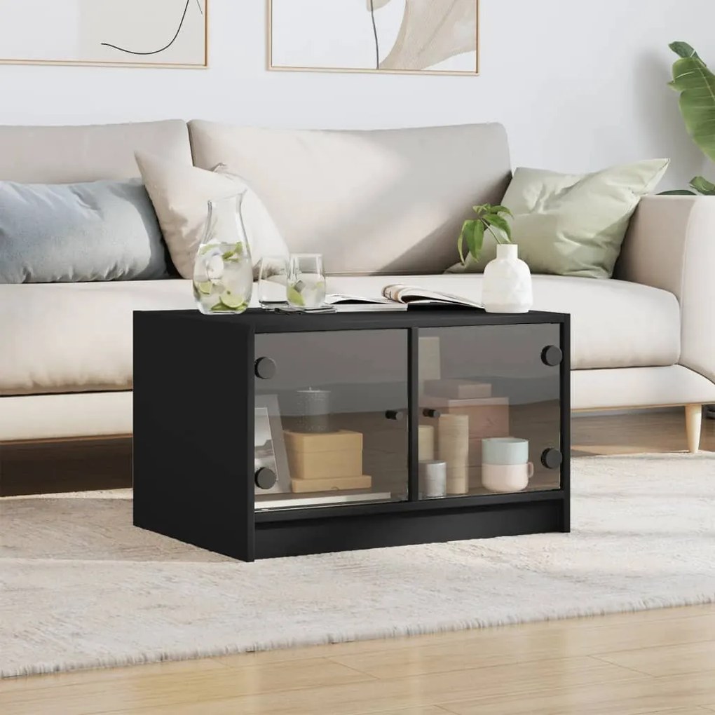 Mesa de centro c/ portas de vidro 68x50x42 cm preto