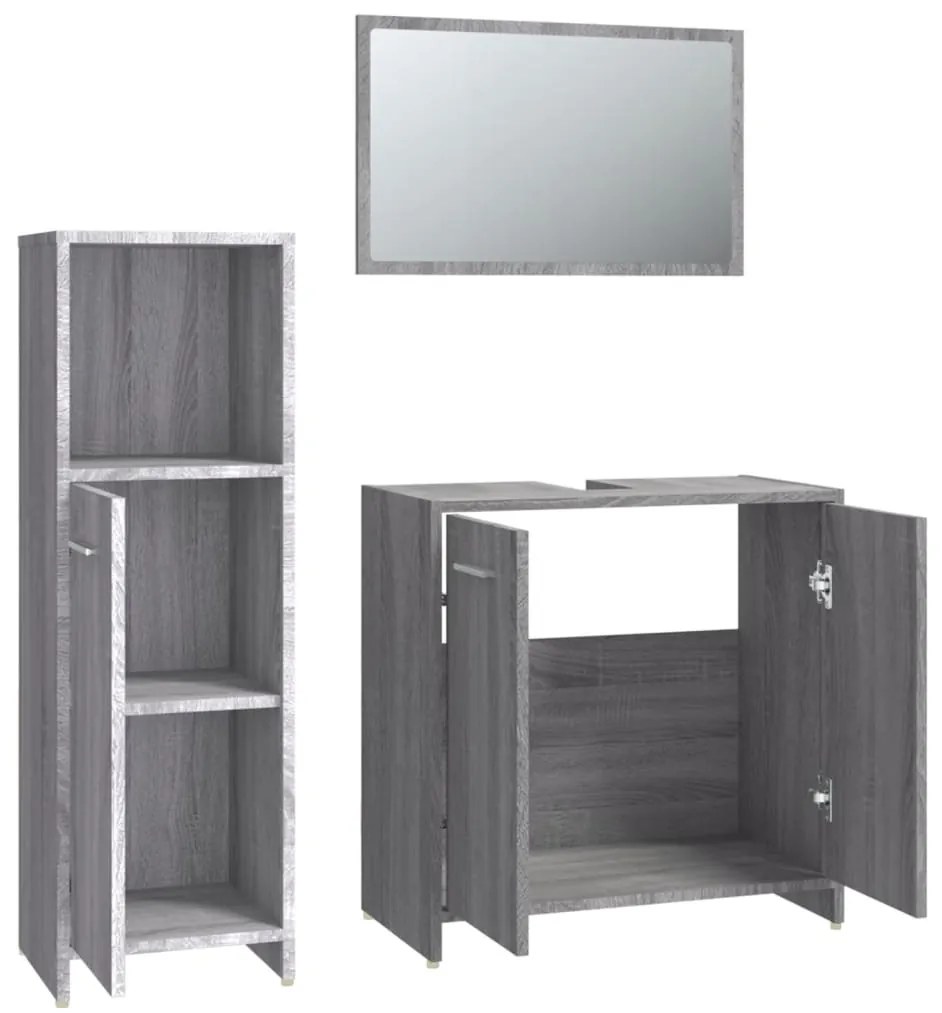 3 pcs Conjunto móveis casa de banho madeira proc. cinza sonoma