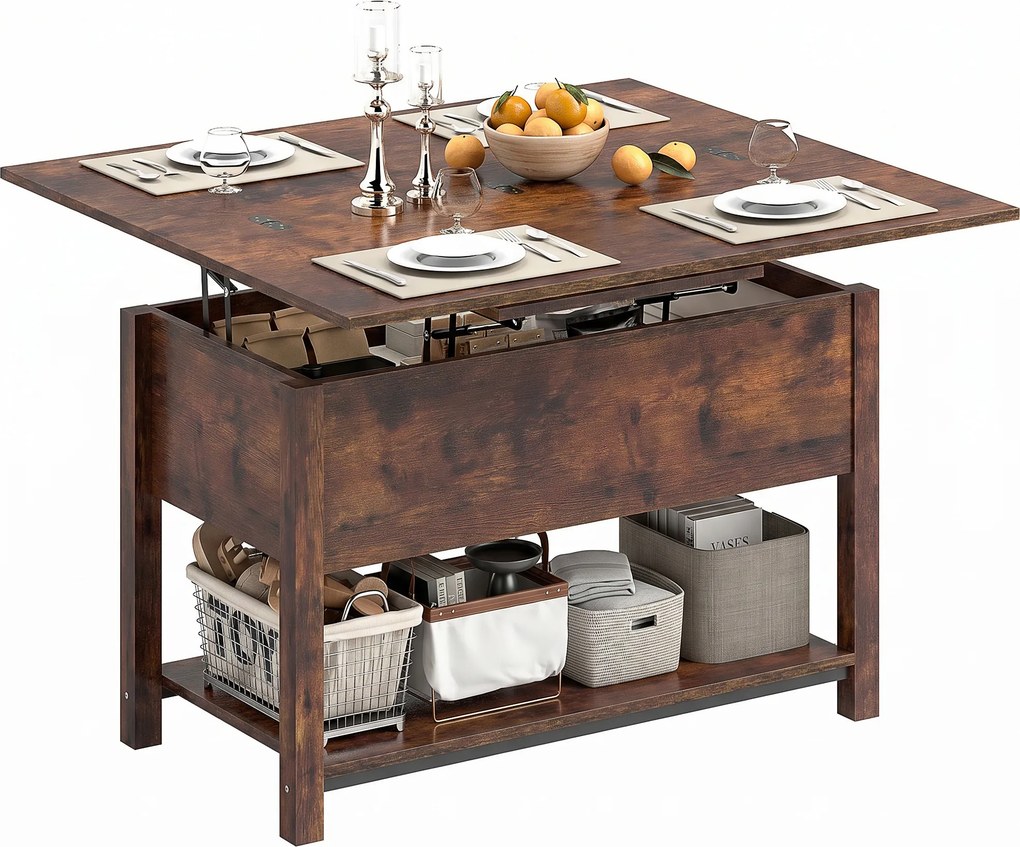 Mesa de Centro Elevável e Extensível, 100 x 90 x 63,5 cm, Tampo Duplo Ajustável, Castanho Rústico