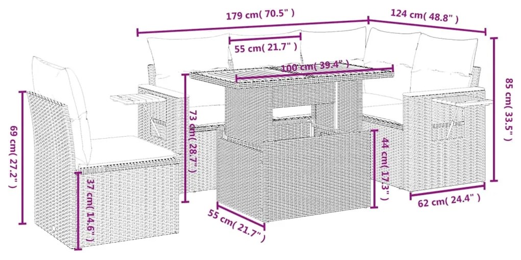 6 pcs conjunto sofás de jardim c/ almofadões vime PE preto