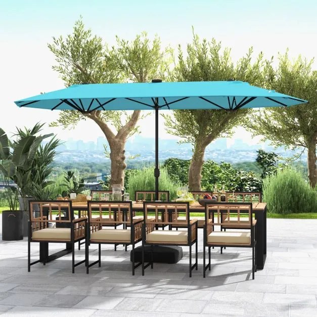 Guarda-sol jardim Duplo 4 x 2 m com Luzes Solares com base e Manivela Turquesa