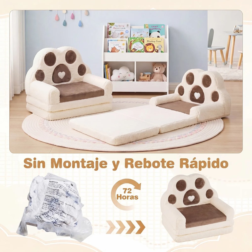 Sofá-Cama Infantil em Forma de Pata de Urso, 57 x 44 x 47 cm, Convertível em Colchoneta, Castanho