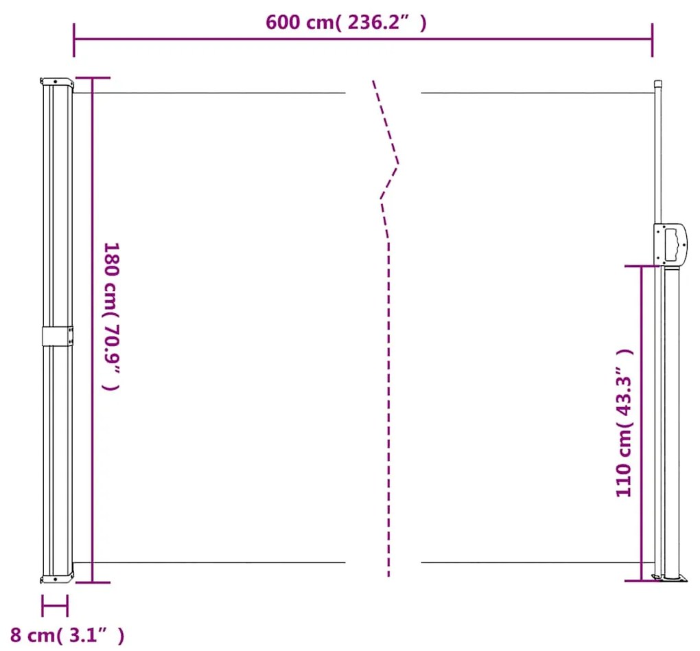 Toldo lateral retrátil 180x600 cm cinzento-acastanhado