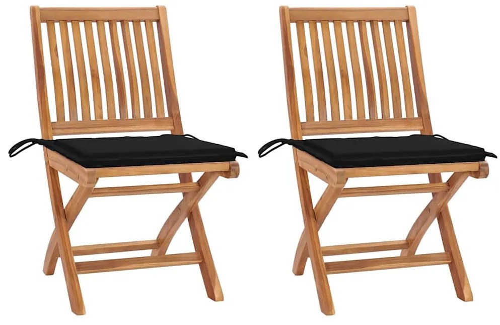 vidaXL Cadeiras de jardim c/ almofadões pretos 2 pcs teca maciça