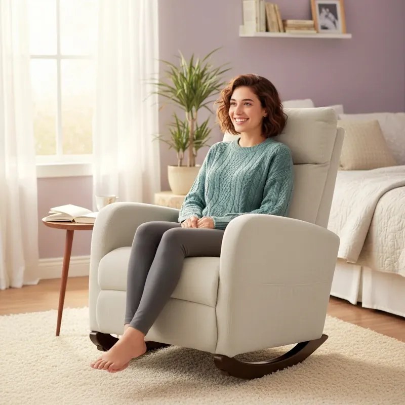 Cadeira de Baloiço de Veludo com Encosto Alto Pés de Madeira Bolsos Apoios de Braços Estilo Moderno 67x94x105 cm Bege