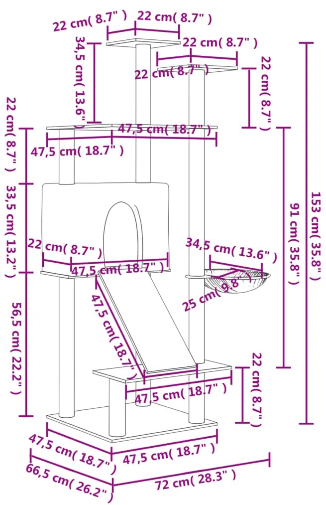 Árvore para gatos c/ postes arranhadores sisal 153 cm cor creme
