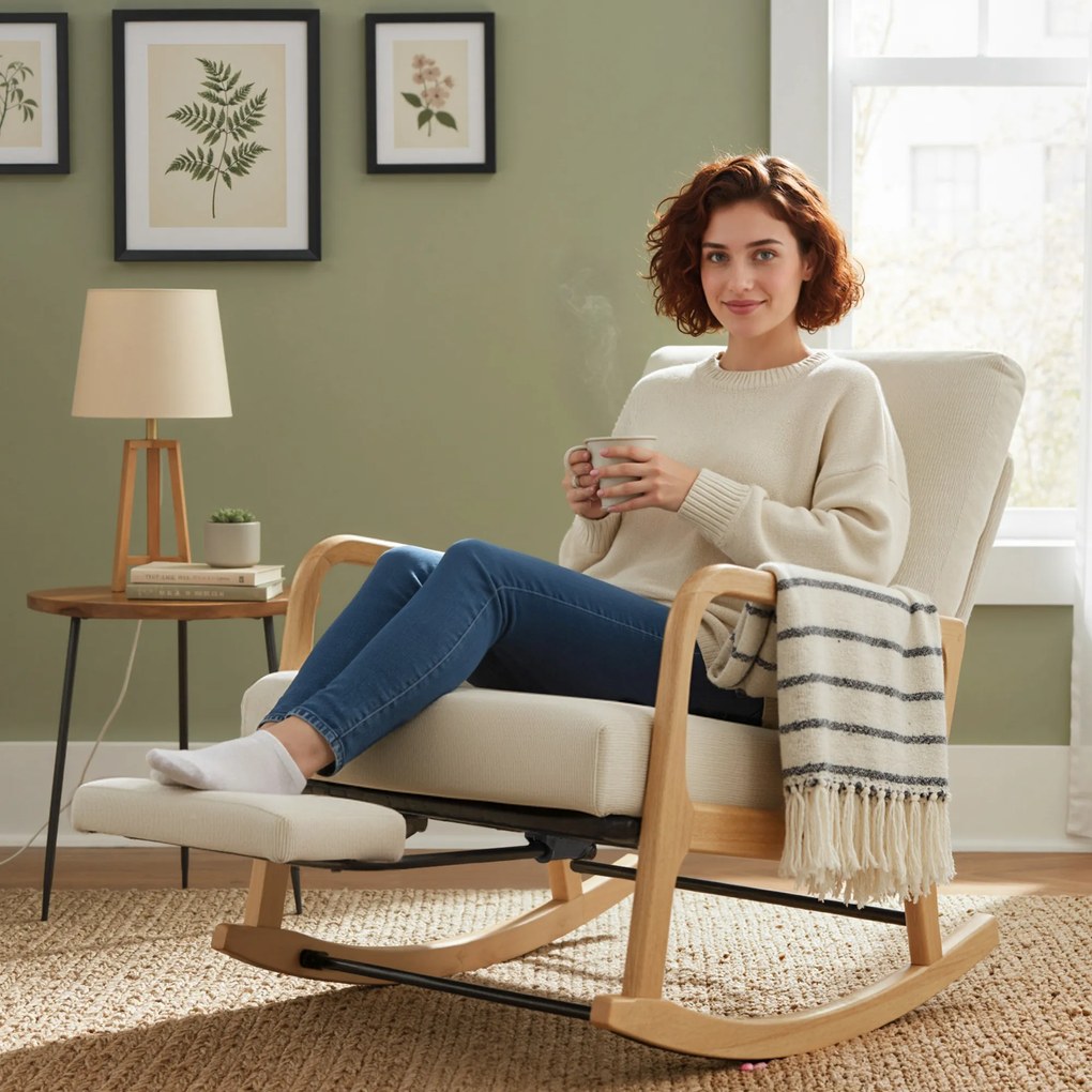 Poltrona Baloiço com Encosto Ajustável de Veludo Cotelê Nórdica Pés de Madeira Braços Almofada Lombar 70x89x97,5 cm Creme