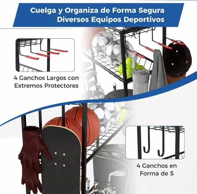 Organizador equipamento desportivo com rodas 132 x 40,5 x 194 cm, estrutura metálica, 4 ganchos e suporte adicional para 3 sacos de golfe e acessórios