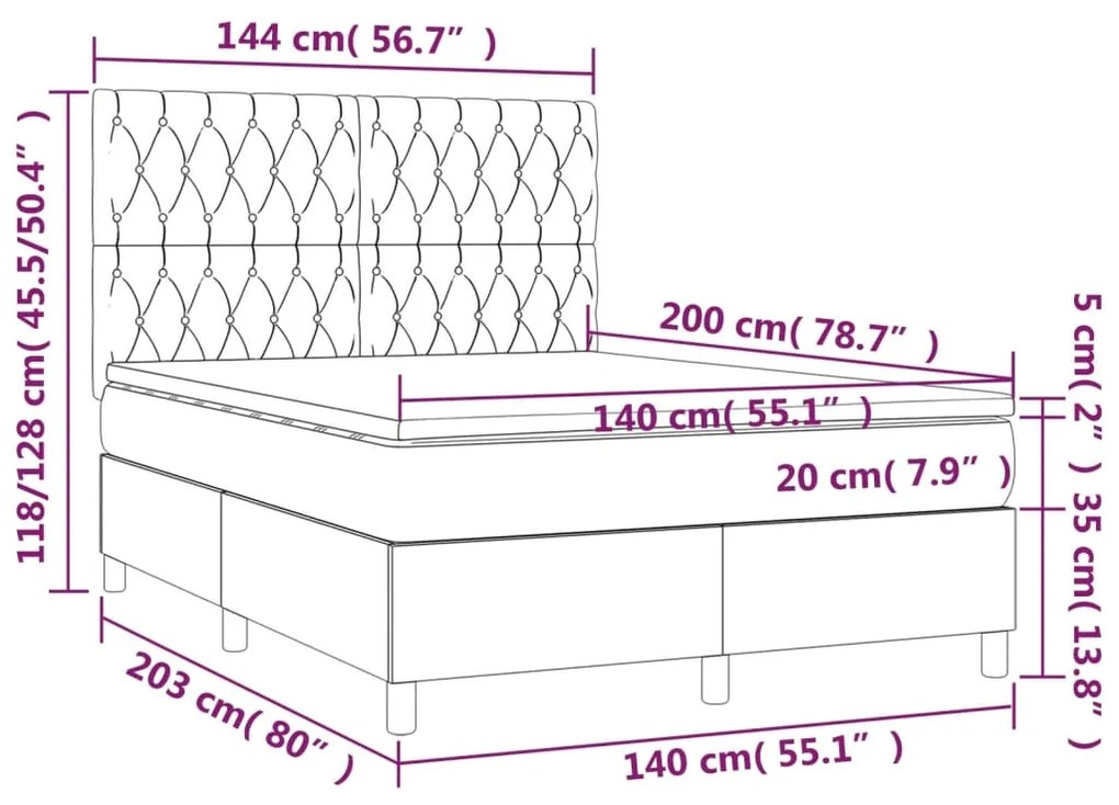 Cama box spring c/ colchão/LED 140x200 cm veludo verde-escuro