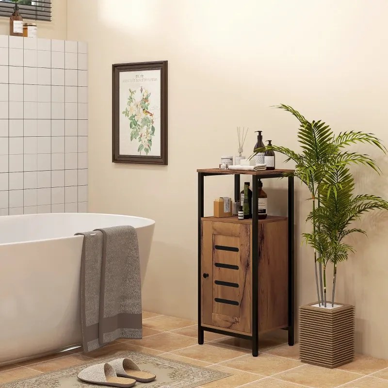 Móvel baixo de casa de banho com porta de lâminas 37 x 30 x 85 cm, estrutura em aço, castanho rústico