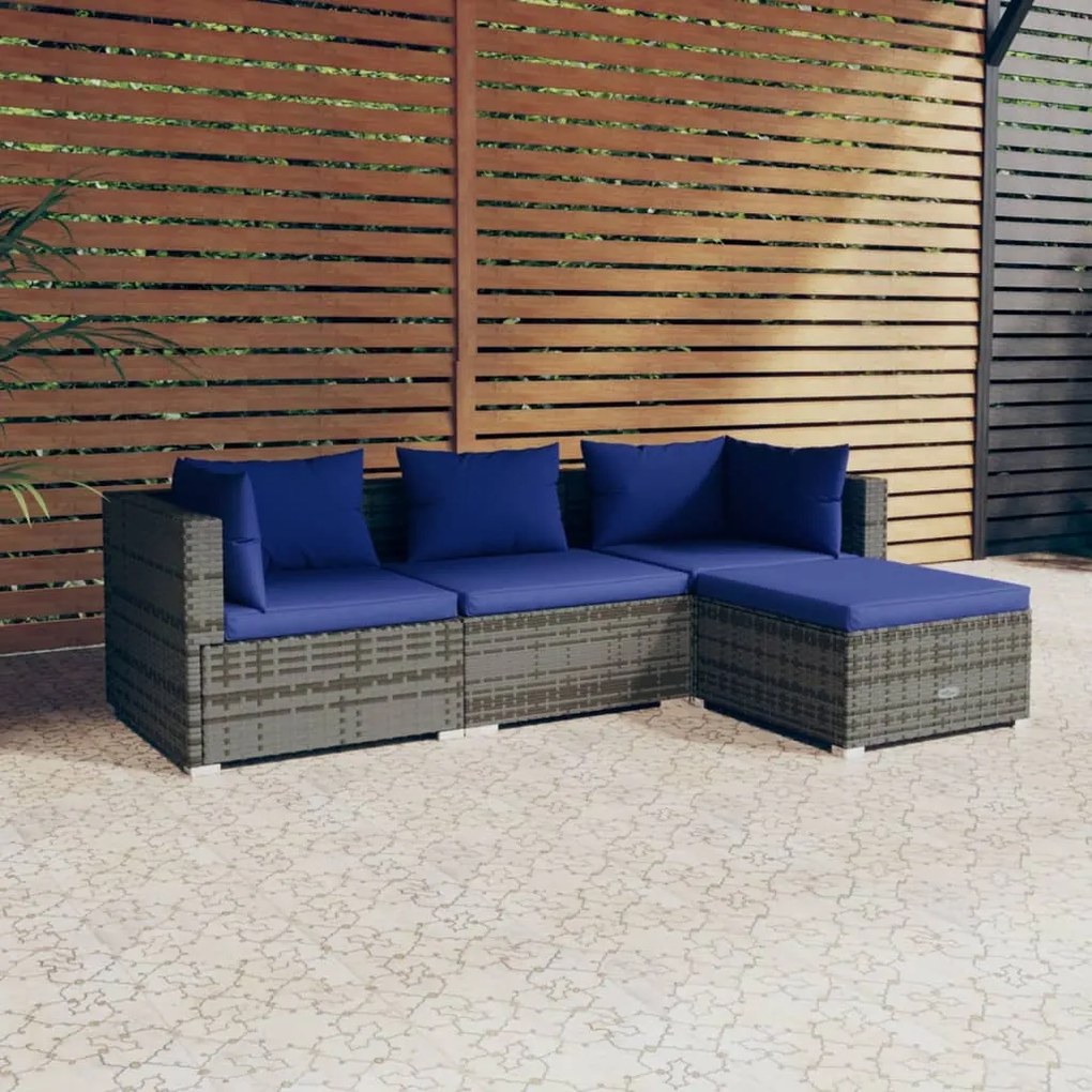 4 pcs conjunto lounge de jardim c/ almofadões vime PE cinzento