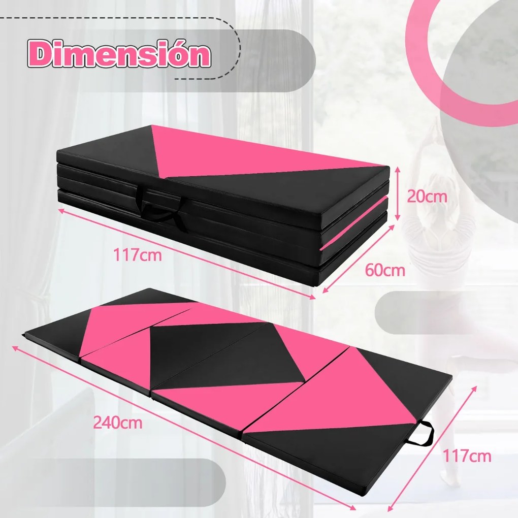 Tapete de ginástica dobrável em pele de PU com fechos para ioga  240 x 117 x 5 cm Rosa e preto