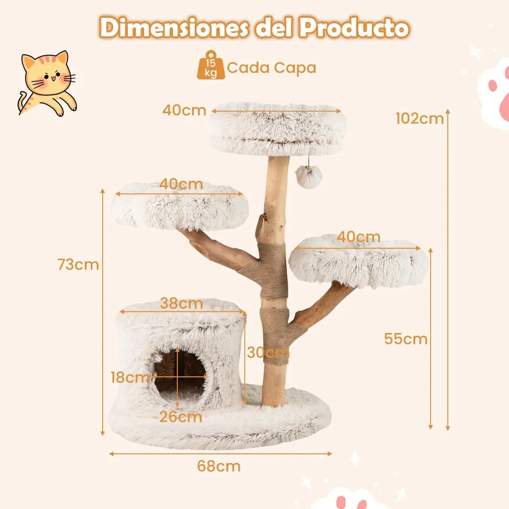 Arranhador para gatos 68 x 102 cm com galhos de madeira, 2 plataformas, arranhador de juta natural e bola pendurada para interior, branco + natural