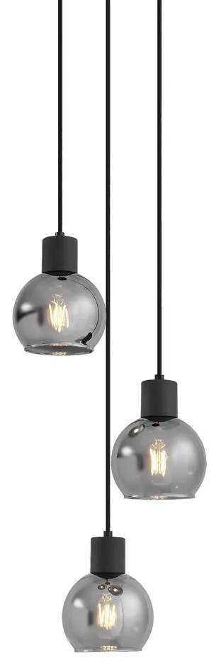 Candeeiro de suspensão Art Deco preto com vidro fumê redondo 3-luzes - Vidro Art Deco