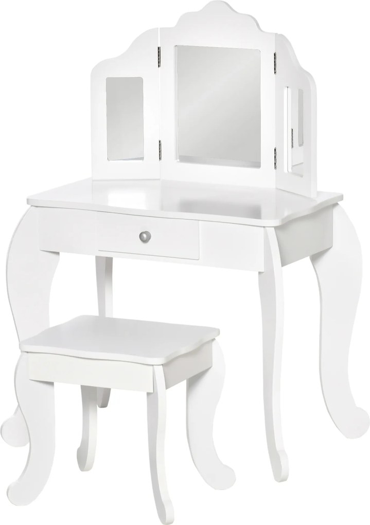 Toucador infantil com banquinho com espelho triplo e gaveta deslizante 63 x 40 x 85,5 cm - Branco acrílico