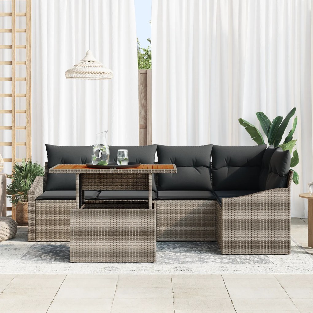 Conjunto de Sofás de Jardim de 6 Peças com Almofadas Cinza Rattan PE
