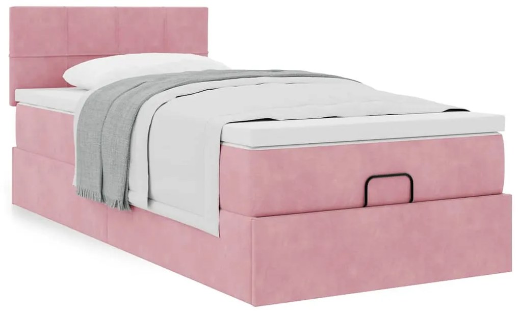 Estrutura de cama otomana com colchão rosa 90x200cm veludo