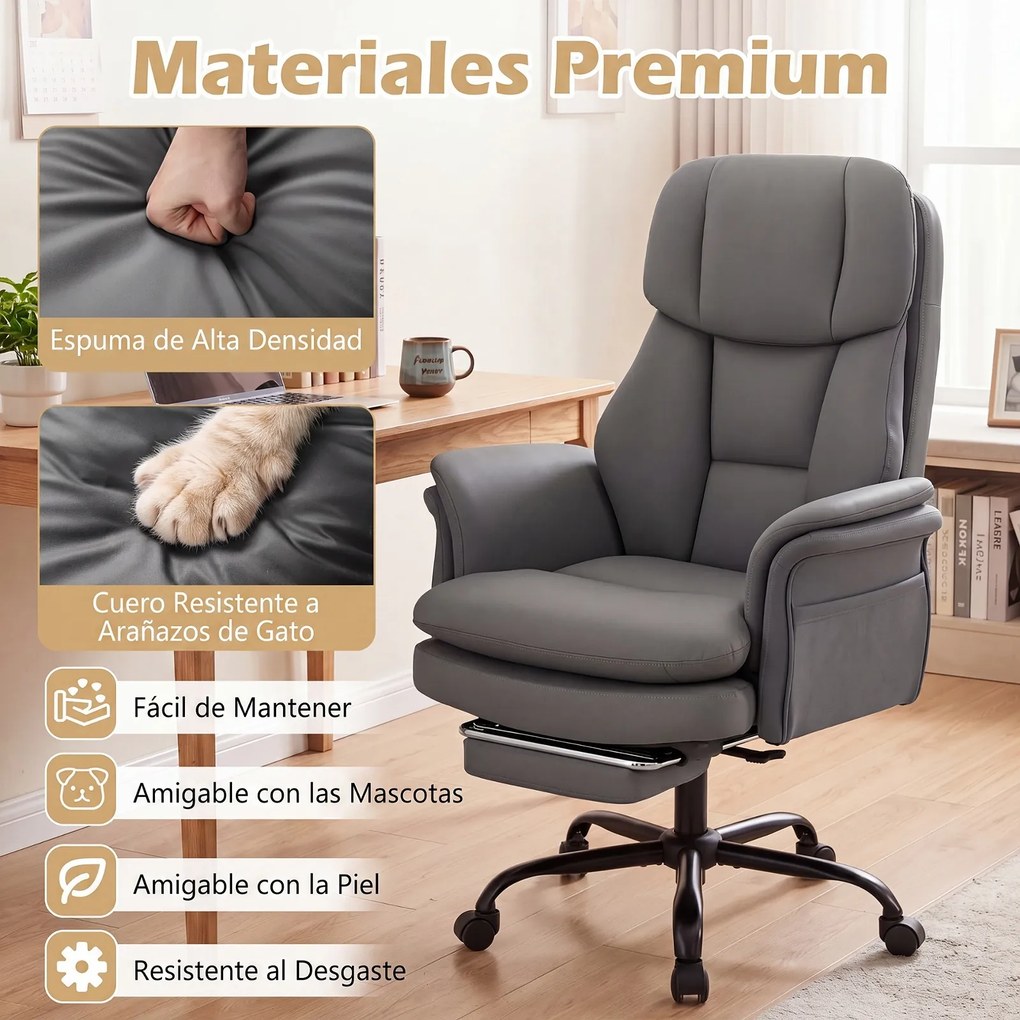 Cadeira de Escritório com Apoio para os Pés, 63-114 x 78 x 118-125 cm, Encosto Reclinável, Cinzento