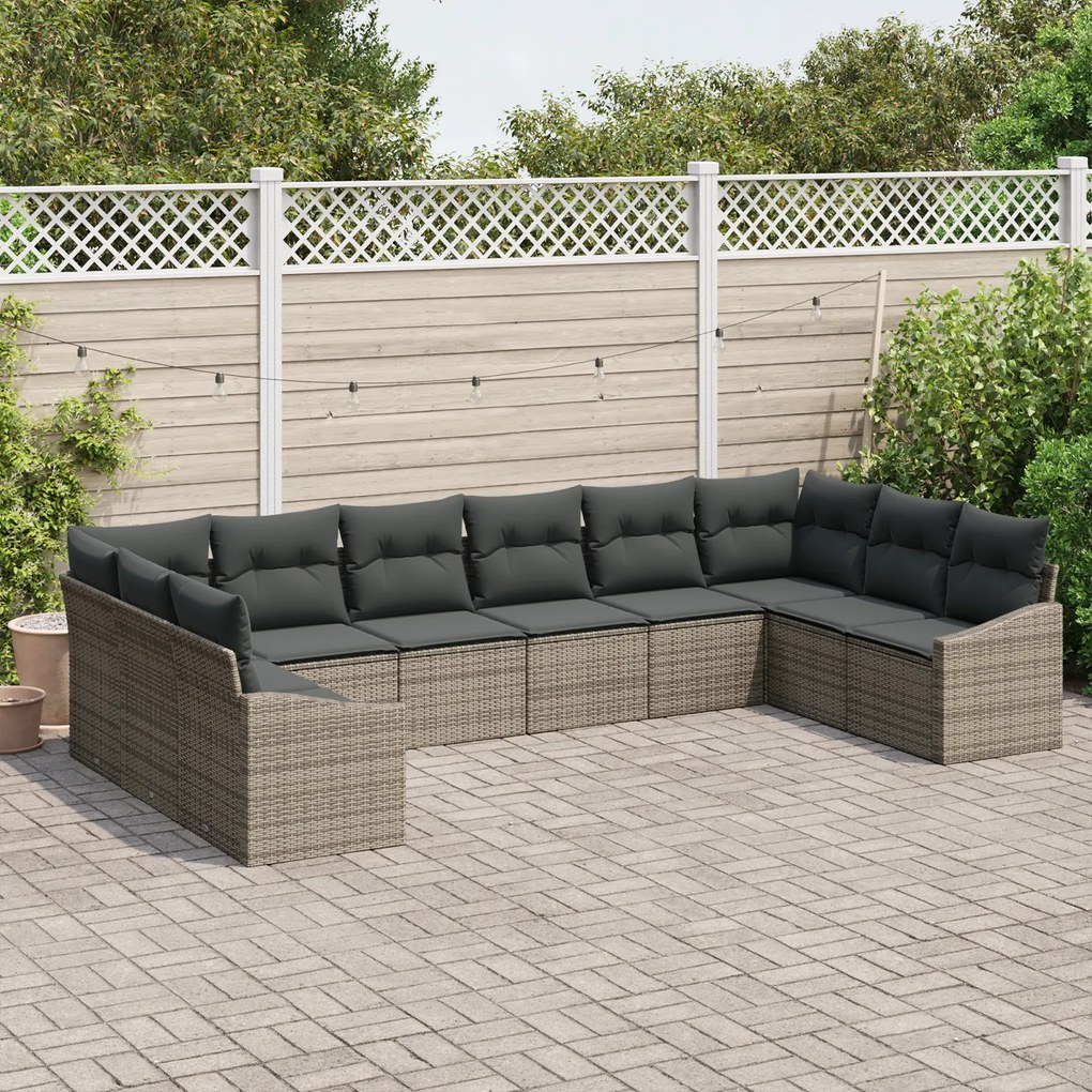 Conjunto de Jantar de Jardim de 10 Peças com Almofadas Cinza de Rattan
