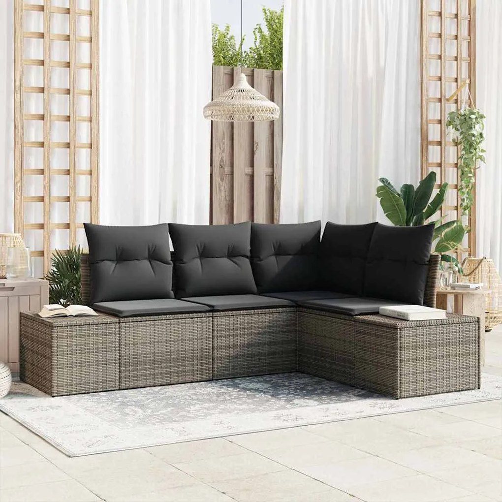 Sofá de Jardim com 4 Peças e Almofadas em Rattan Cinza