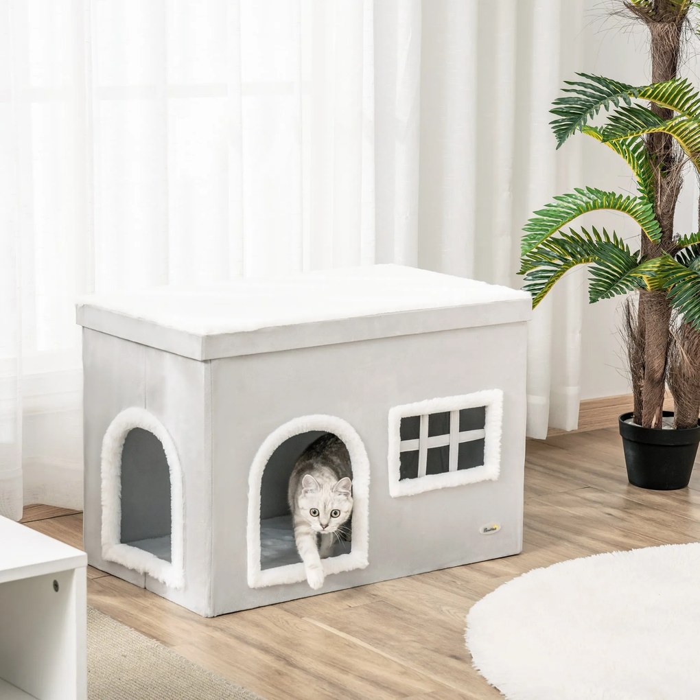 Casa Dobrável para Gatos Caverna para Gatos com Almofadas de Pelúcia Suave Tampa Removível 2 Entradas e Janela 71x42x49cm Cinza Claro