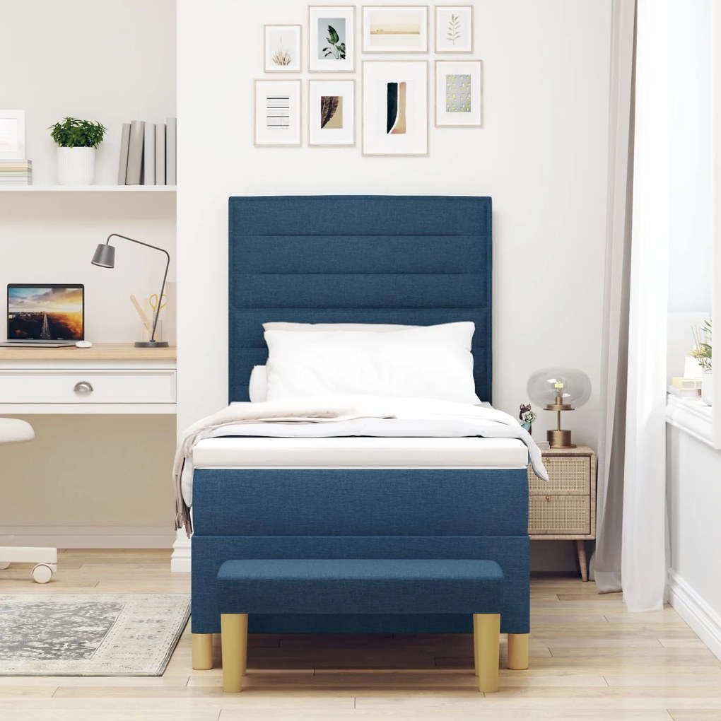 Cama Box Spring com Colchão e Banco Azul 90x200 cm Tecido