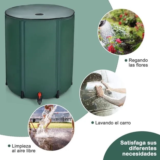 Deposito agua de chuva dobrável 225 L Depósito de água com torneira, válvula de drenagem e filtro para irrigação, pesca, campismo 60 x 80 cm Verde