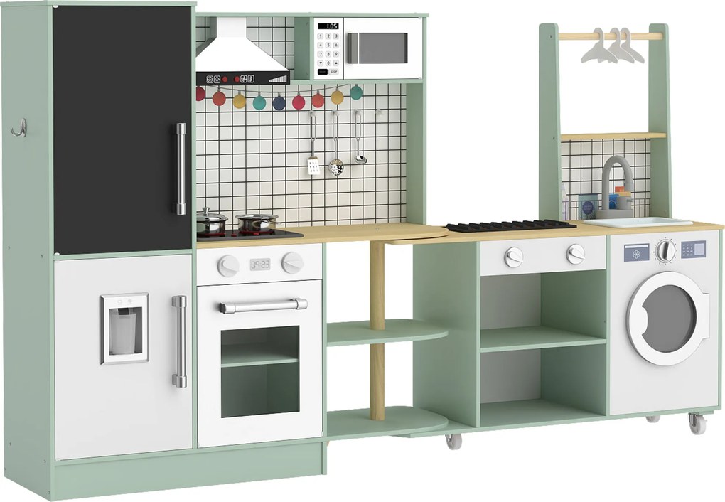 AIYAPLAY Cozinha Infantil Brinquedo de Imitação, Micro-ondas, Forno, Bancada Rotativa com Rodízios, 160x32x97,5cm, Verde Claro | Aosom Portugal