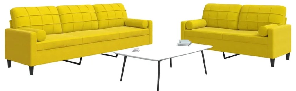 2 pcs conjunto de sofás com almofadões e rolos veludo amarelo